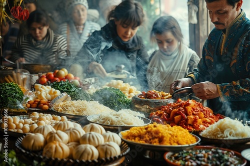 A family preparing a New Year feast traditional dishes