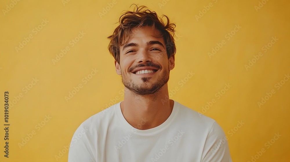 Fototapeta premium A handsome man smiling in a white t-shirt against a yellow background