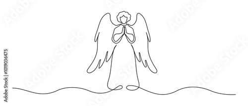 One continuous line drawing of praying angel. Christmas cherub and astrology horoscope symbol in simple linear style. Elegance logo editable stroke. Doodle outline vector illustration