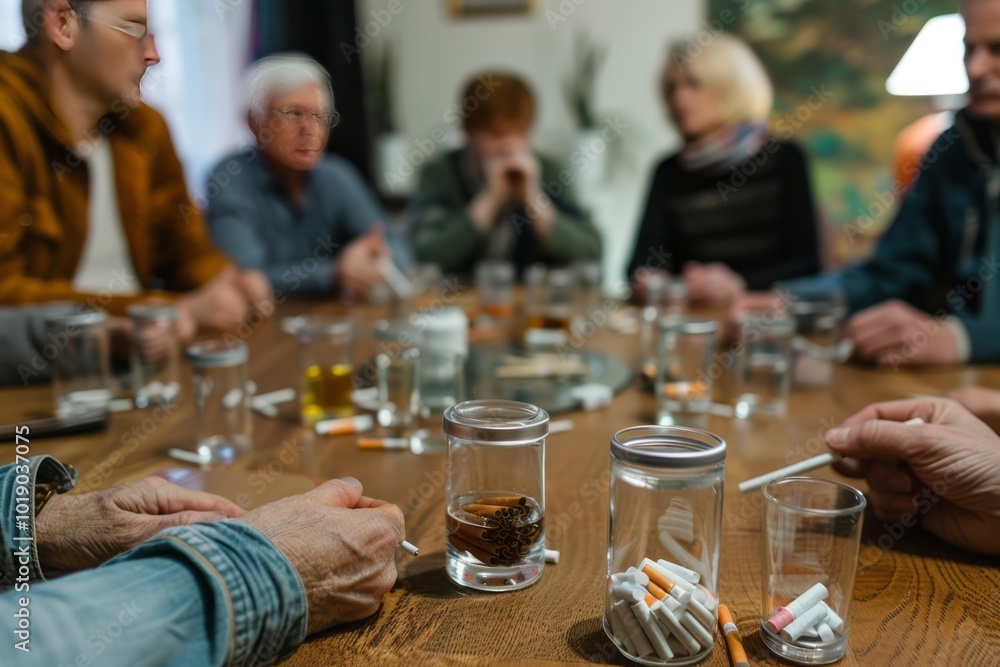 A support group meeting with members sharing stories of overcoming tobacco addiction , --no humans,no numbers A support group meeting with members sharing stories of overcoming tobacco addiction , --no humans,no numbers