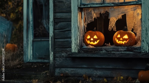 Abandoned house with broken windows glowing pumpkins and shadows lurking inside