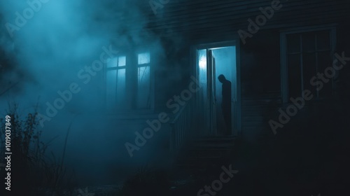 Abandoned house with flickering lights and shadowy figures lurking in the windows as eerie fog rolls through the broken doorways