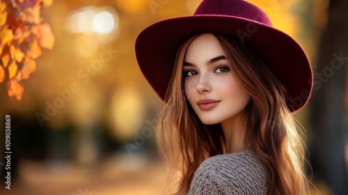 picture of a lovely young lady strolling through a park in the fall wearing a burgundy hat