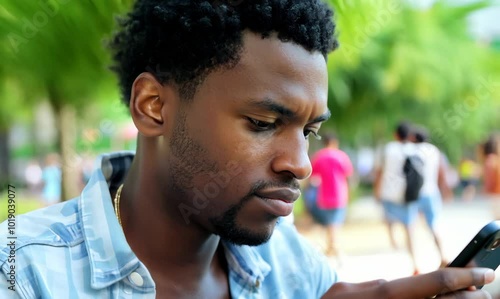 Barbadian Man Texting on Bench in Busy Park