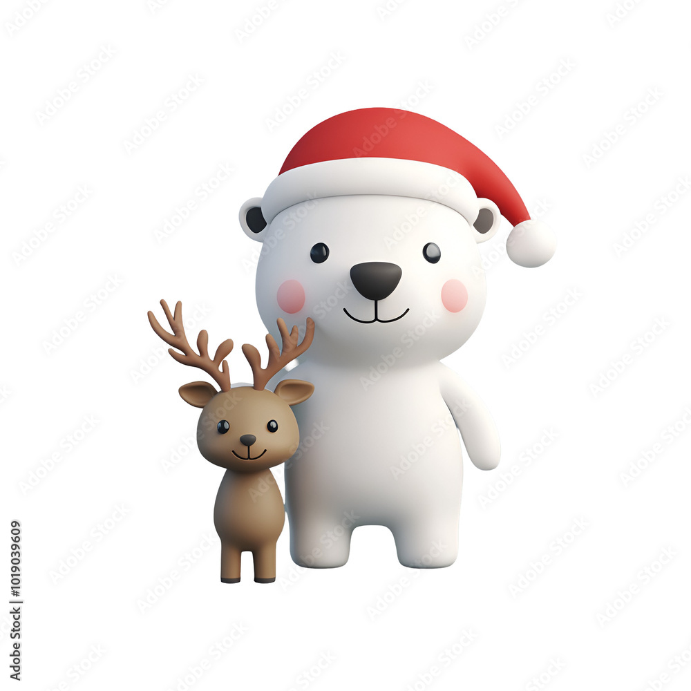Fototapeta premium Santa Claus Hat on a Reindeer and Happy Polar Bear, Christmas Character 3D Render Cartoon Illustration, Isolated on Transparent Background, PNG