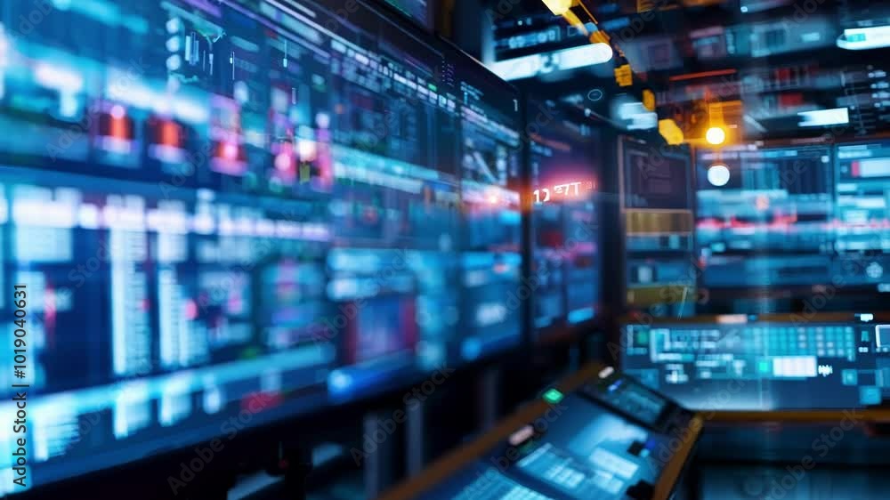 Multiple screens showing data and production process information are glowing in a dark control room, suggesting a high tech industrial environment Multiple screens showing data and production process information are glowing in a dark control room, suggesting a high tech industrial environment