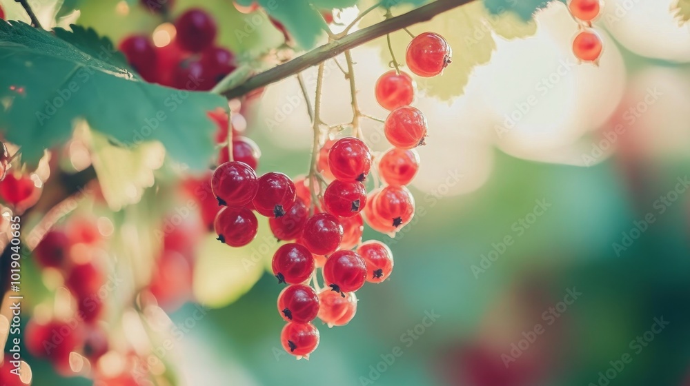 Red currant berries captured in macro on a summer's day. Summertime close-up of red currant berries that are ripe and hanging on a bush branch Red currant berries captured in macro on a summer's day. Summertime close-up of red currant berries that are ripe and hanging on a bush branch