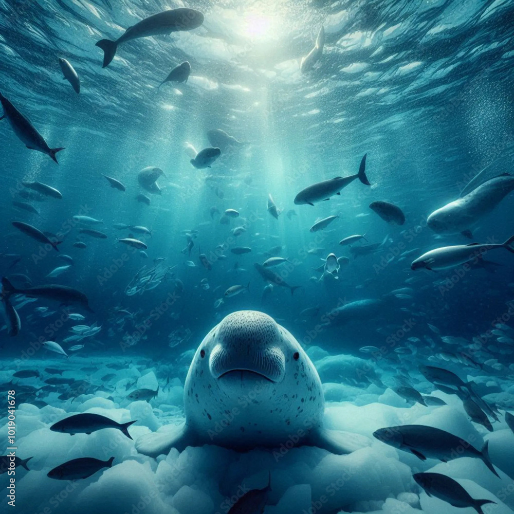 Fototapeta premium Underwater arctic seal beneath the ice background wallpaper
