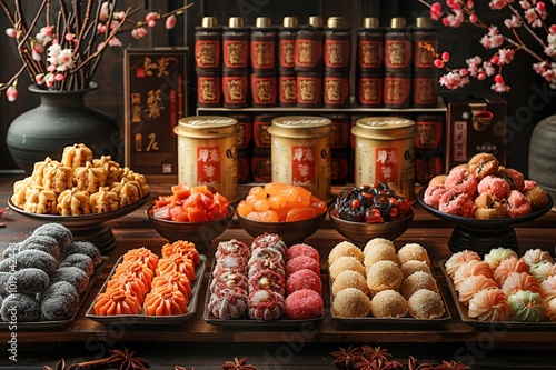 A table with traditional Lunar New Year sweets and snacks.