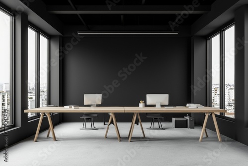 Interior rendering of a minimalist co-working office with furniture and mockup on the wall.