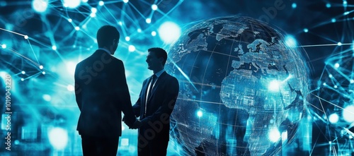 Businessmen shaking hands with a digital globe and network connections in the background, symbolizing a global business clearinghouse platform and technology services Generative AI photo