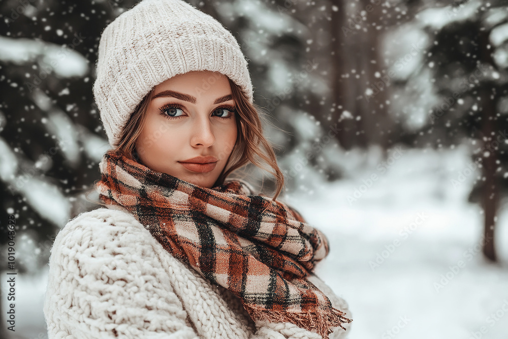 woman dressed in warm winter clothing enjoys the snowfall in forest woman dressed in warm winter clothing enjoys the snowfall in forest