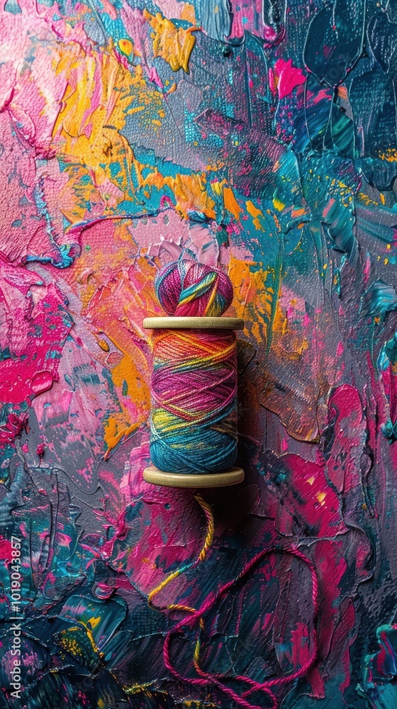 Fototapeta premium Vibrant yarn spool placed on a colorful abstract painting creating a stunning visual contrast