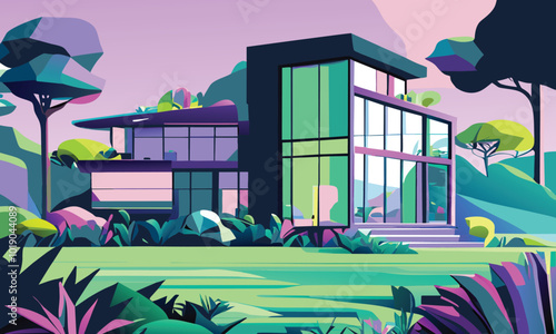 A bright modern house with a pink sunset background. Vector graphics