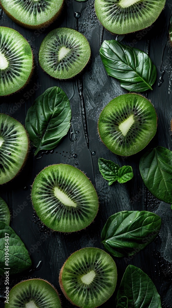 Sliced kiwis and vibrant green leaves on a black surface highlight their freshness Sliced kiwis and vibrant green leaves on a black surface highlight their freshness