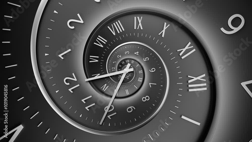 Abstract modern black spiral clock dial with arabic numerals. Concept of Infinite time, deadline, scheduling, time and space, past, present and future.
