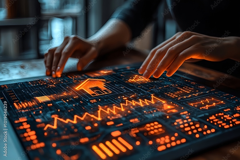 A person interacts with a glowing digital interface displaying real estate data, market trends, and investment analytics A person interacts with a glowing digital interface displaying real estate data, market trends, and investment analytics