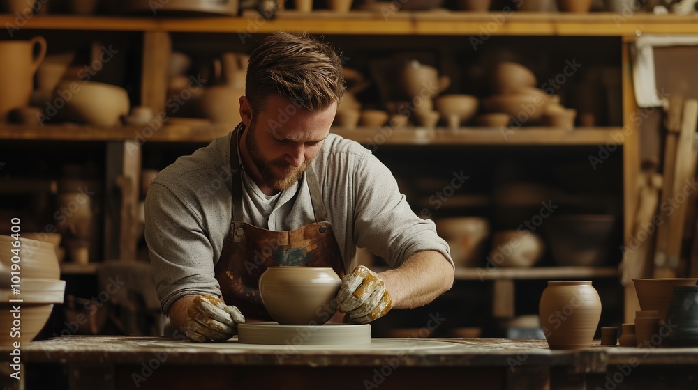 image of male craftsman working on potters wheel at pottery studio image of male craftsman working on potters wheel at pottery studio