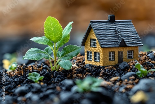 A small model house sits on a bed of soil next to a young, green plant sprouting, symbolizing growth, sustainability, and new beginnings in real estate or homeownership