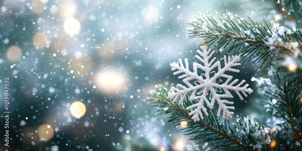 A white snowflake ornament hangs on a snow-covered evergreen branch with a bokeh background of golden lights. A white snowflake ornament hangs on a snow-covered evergreen branch with a bokeh background of golden lights.