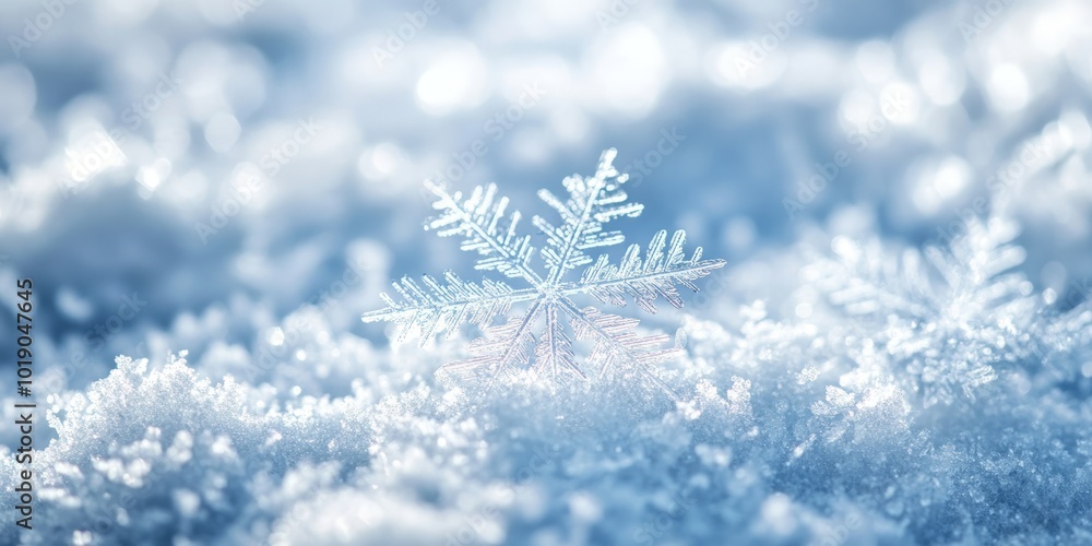 Close-up of a delicate snowflake resting on a bed of pristine white snow, bathed in soft, ethereal light. Close-up of a delicate snowflake resting on a bed of pristine white snow, bathed in soft, ethereal light.