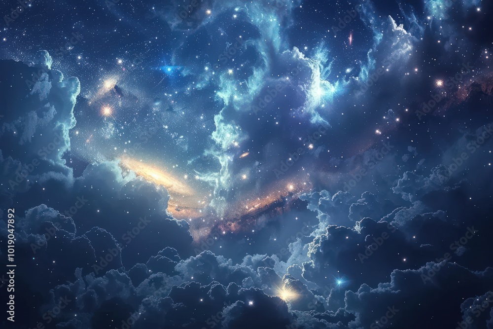 Obraz premium A blue sky with a lot of stars and a large cloud, generative ai image
