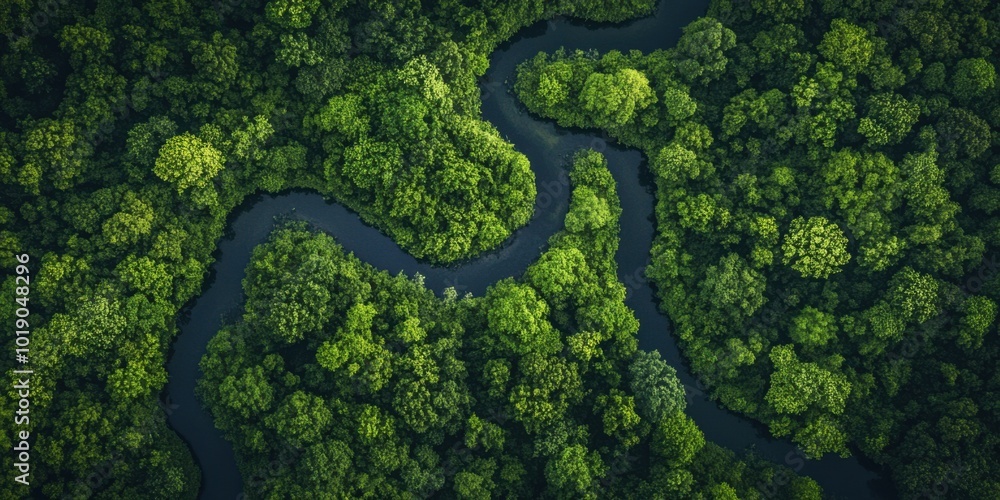 a winding river cutting through a lush forest, showing the natural patterns a winding river cutting through a lush forest, showing the natural patterns