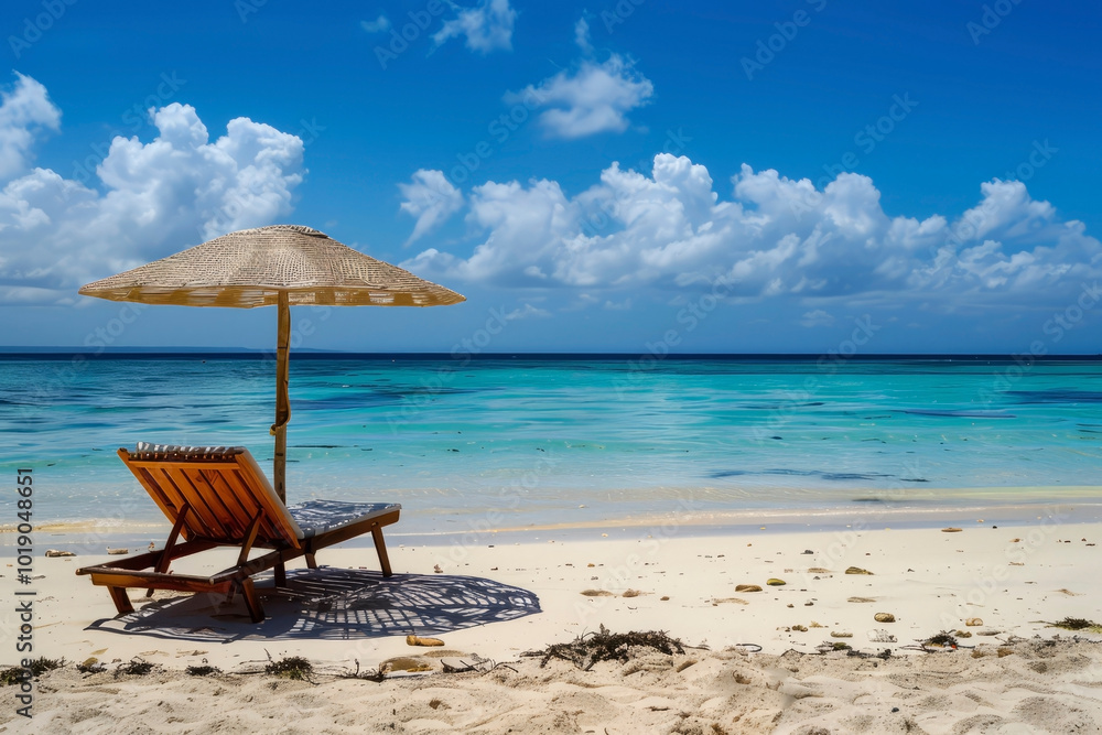 Sun loungers on the seashore. Generative AI Sun loungers on the seashore. Generative AI