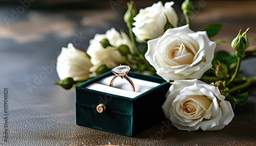 A diamond ring in a velvet box accompanied by pink roses