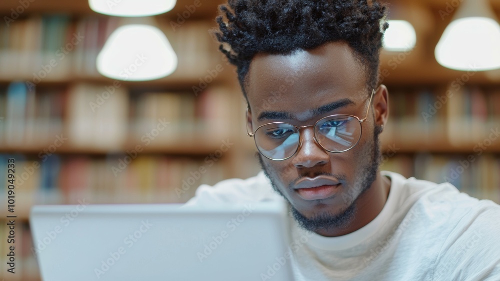 Young man studying intently in a library using a laptop during the afternoon Young man studying intently in a library using a laptop during the afternoon