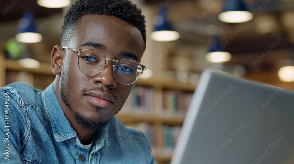 Young man studying intently at a laptop in a library setting during the afternoon Young man studying intently at a laptop in a library setting during the afternoon