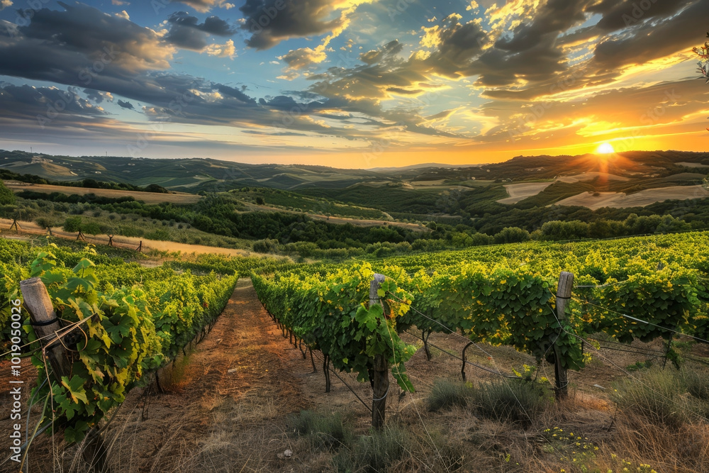 Naklejka premium Beautiful vineyards in the sun. Generative AI