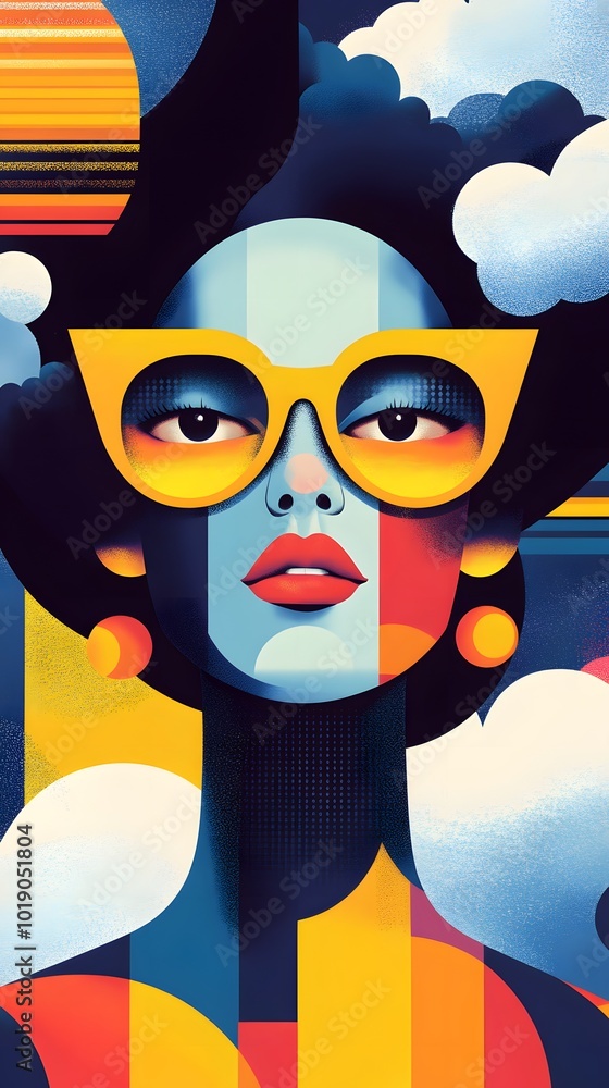 Fototapeta premium An image of a stylish woman with yellow glasses, surrounded by colorful geometric shapes and abstract patterns