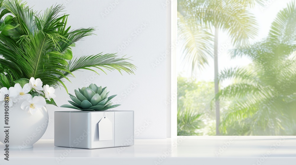 Fototapeta premium Modern minimalist workspace with green plants and natural light for a fresh ambiance