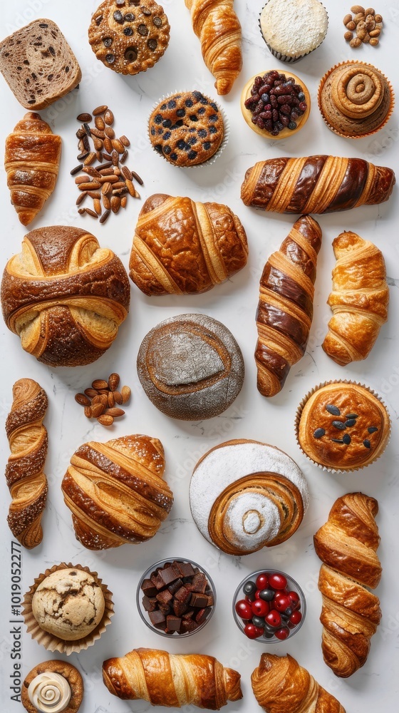 A delightful assortment of freshly baked breads and pastries arranged on a white background A delightful assortment of freshly baked breads and pastries arranged on a white background
