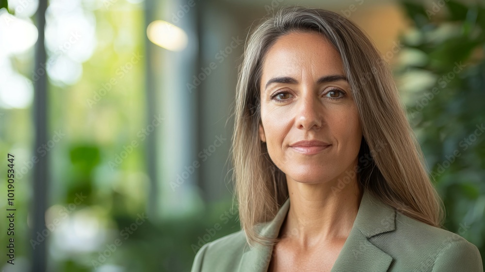 Confident woman in a green blazer standing in a modern indoor space surrounded by plants during daylight Confident woman in a green blazer standing in a modern indoor space surrounded by plants during daylight