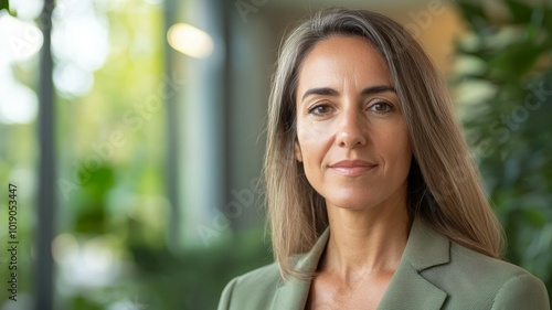 Confident woman in a green blazer standing in a modern indoor space surrounded by plants during daylight