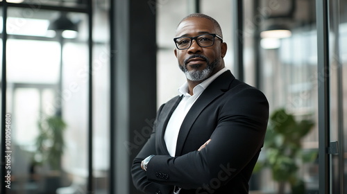 Senior African American male executive in a black suit, standing confidently in a glass-walled conference room with a high-tech design. Tech, professional digital information work