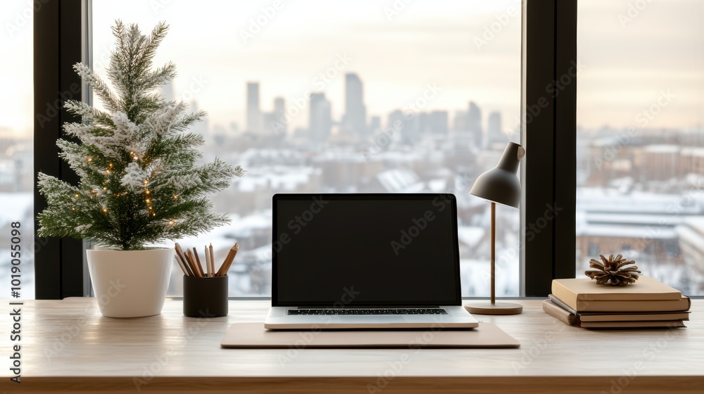 Cozy Winter Workspace: Laptop Mockup with Christmas Tree Cozy Winter Workspace: Laptop Mockup with Christmas Tree