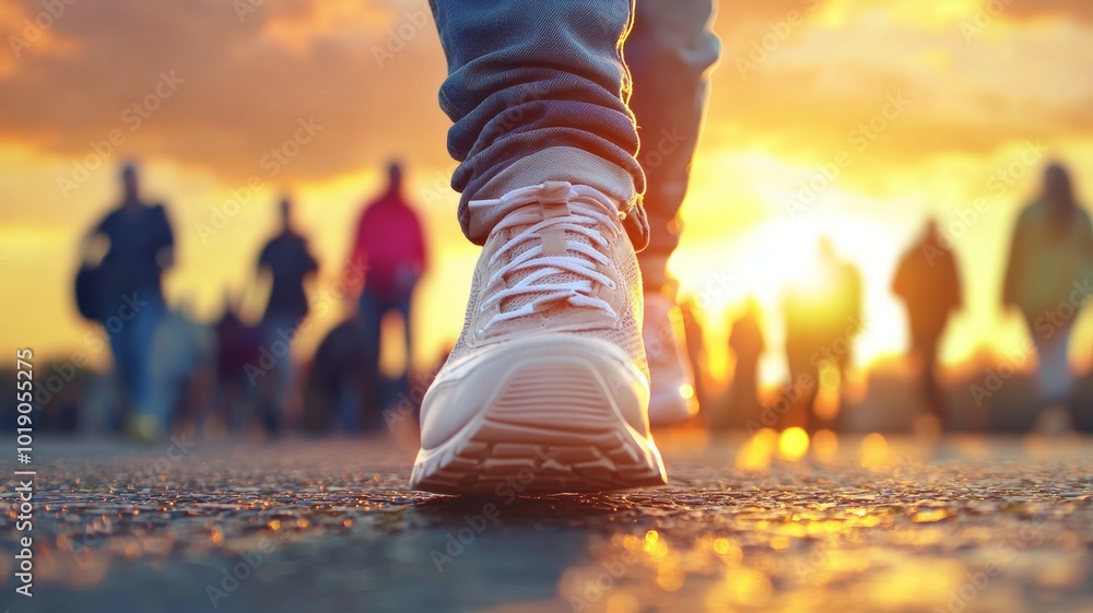 A person walking towards the sunset on a busy street, silhouetted figures in the background during golden hour A person walking towards the sunset on a busy street, silhouetted figures in the background during golden hour