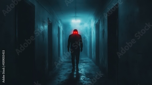 Demonic entity with glowing red eyes standing at the end of a dark hallway surrounded by faint screams and eerie shadows