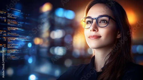 Young woman in glasses smiling confidently while looking at digital data in a vibrant urban environment at night