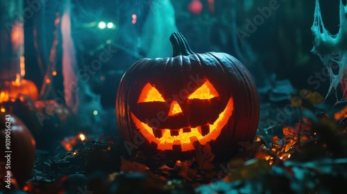 Eerie glowing jack o lantern with a scary carved face surrounded by Halloween decorations