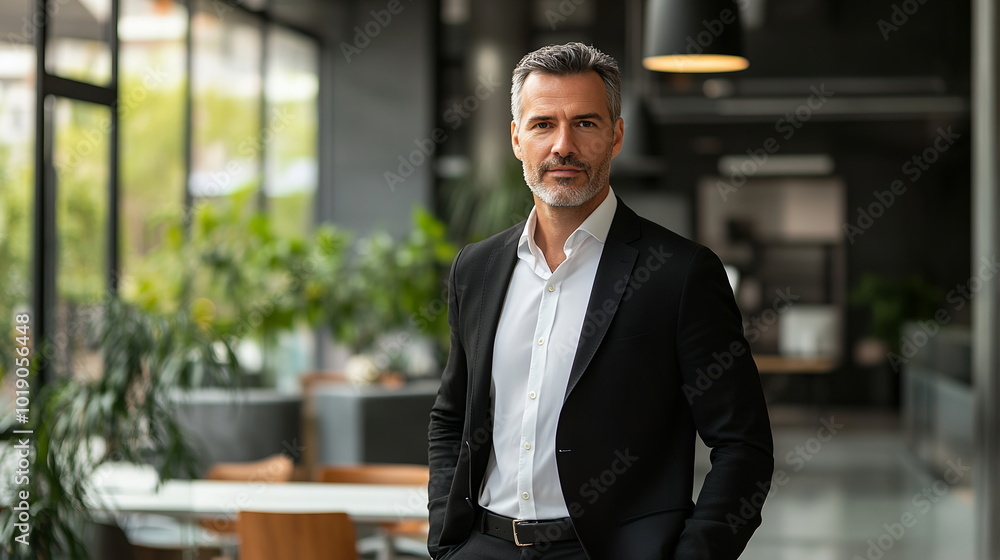 Successful middle-aged Caucasian male executive, standing in a contemporary office lobby with an open-plan workspace behind him, wearing a black suit. Creative agency manager, startup workplace Successful middle-aged Caucasian male executive, standing in a contemporary office lobby with an open-plan workspace behind him, wearing a black suit. Creative agency manager, startup workplace