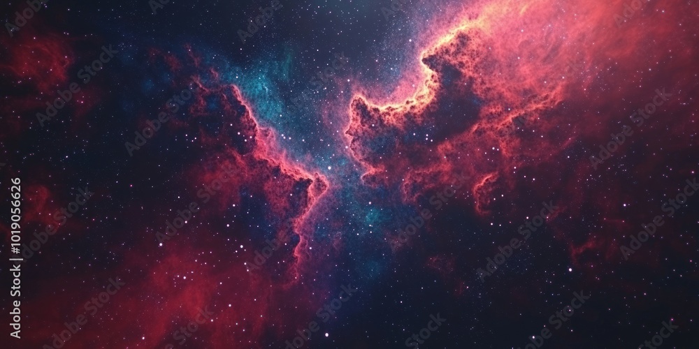 Naklejka premium A vibrant nebula with swirling clouds of red and blue gas against a background of twinkling stars.