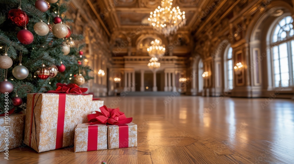 Obraz premium Elegant historical mansion adorned for christmas celebrations with decorated tree and gifts in opulent hall