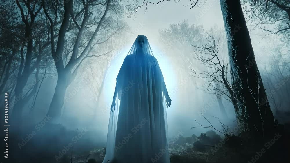 A haunting, ghostly figure draped in white appears in a misty, fog-covered forest at night. A haunting, ghostly figure draped in white appears in a misty, fog-covered forest at night.