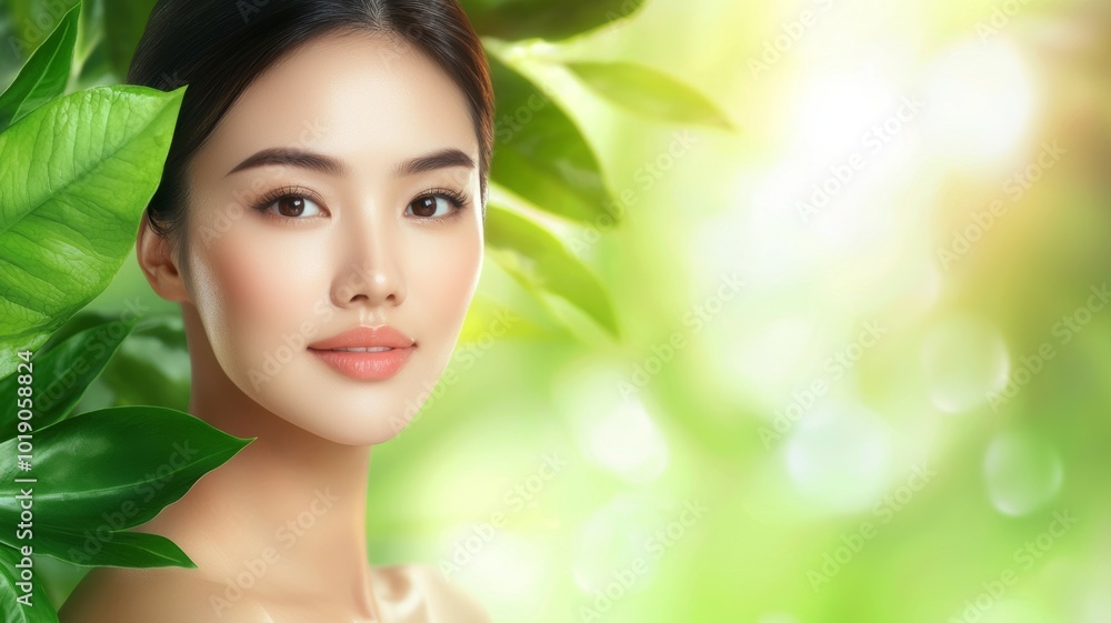 A serene woman among lush green leaves enjoying the tranquility of nature in soft, warm light A serene woman among lush green leaves enjoying the tranquility of nature in soft, warm light