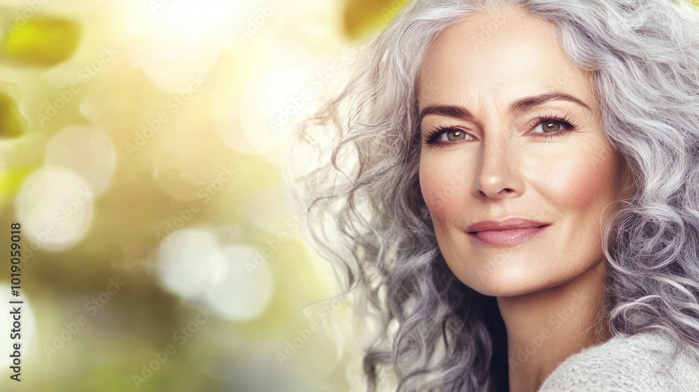 Elegant older woman with silver curls enjoying a sunny afternoon in a lush garden during springtime Elegant older woman with silver curls enjoying a sunny afternoon in a lush garden during springtime