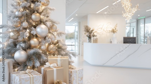 Modern office lobby with elegant christmas decorations and stylish tree for festive ambiance
